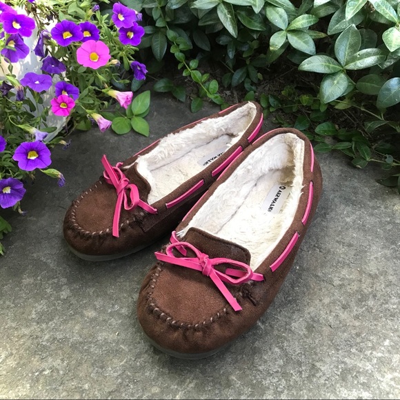 Airwalk Kids Classic Brown Suede Sherpa Fur Moccasin Slippers Shoes Pink Bows - Picture 12 of 13